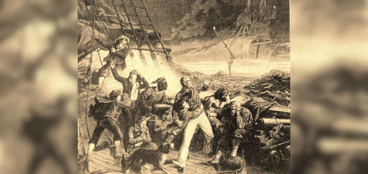 Marineros aterrorizados ante el avistamiento de "El Holandés Errante". Representación realizada por un artista anónimo.