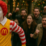Ronald McDonald, personaje icónico de la franquicia de McDonald’s, siendo perseguido por una turba enojada.