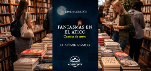 Portada del libro: 'Fantasmas en el ático', teniendo de fondo una librería.