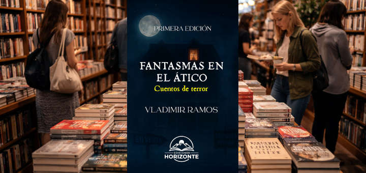 Portada del libro: 'Fantasmas en el ático', teniendo de fondo una librería.