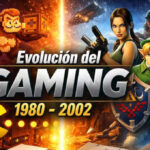 Ilustración sobre la evolución del gaming entre 1980 y 2002, desde los arcades clásicos hasta las consolas domésticas retro