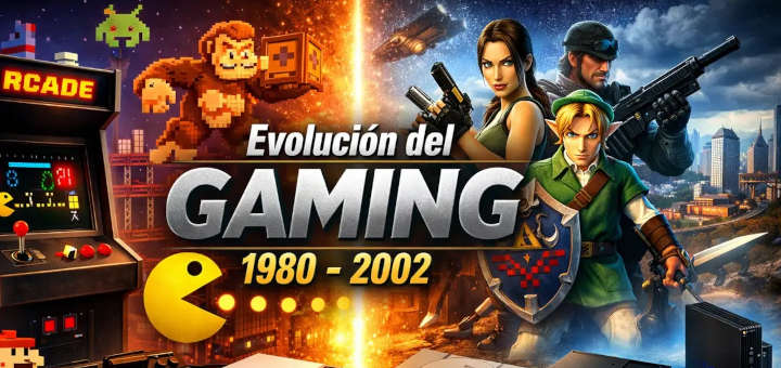 Ilustración sobre la evolución del gaming entre 1980 y 2002, desde los arcades clásicos hasta las consolas domésticas retro