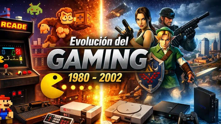 La evolución del gaming retro | La Cueva del Retrogamer Ilustración sobre la evolución del gaming entre 1980 y 2002, desde los arcades clásicos hasta las consolas domésticas retro