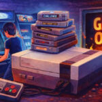 Ilustración retro que muestra por qué los videojuegos antiguos eran más difíciles, con arcade clásico, consola NES y pantalla de game over